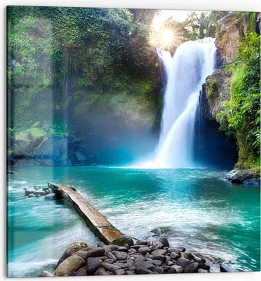 Produktbild von DEQORI Küchenrückwand Glas 60x60 cm 'Tegenungan Wasserfall' Spritzschutz Bad Rückwand