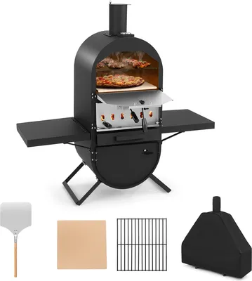 A black outdoor pizza oven with side shelves, shown with various accessories below.