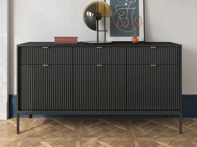 Produktbild von GrainGold Kommode Amber - Kommode mit Schubladen und  Türen - Sideboard, TV-Kommode - Kommode Schwarz mit Metall Beinen
