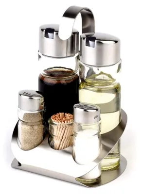 Produktbild von Menage "PRO", 12,5 x 11 cm, Höhe 19 cm, Set besteht aus: Essig- und Öl-Flasche, Salz- und Pfefferstreuer, Ständer aus Edelstahl (matt poliert)