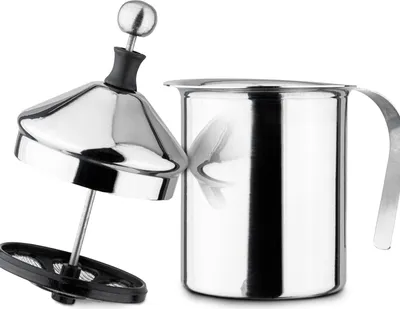 A stainless steel milk frother with its lid and plunger mechanism detached.