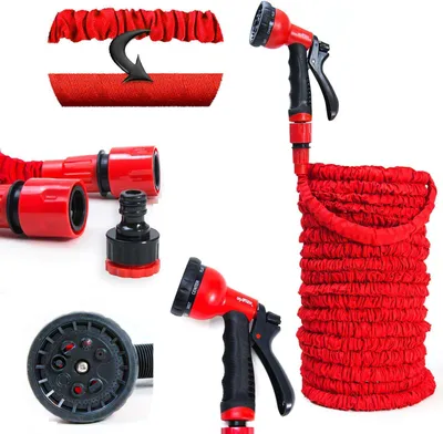 Produktbild von Grafner Gartenschlauch flexibel dehnbar Flexischlauch, 30 Meter, 3-fach Latexkern, mit 8-fach Soft-Multifunktionsbrause, KEIN PLATZEN, massive Steckverbinder, rot flexi Schlauch