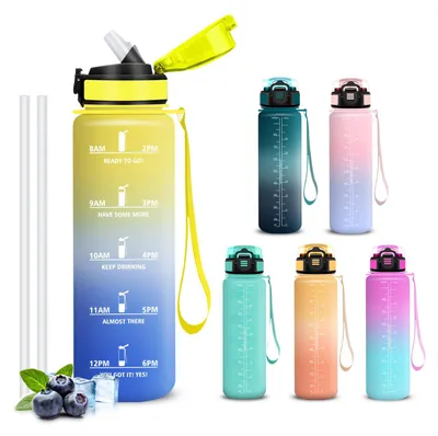 Produktbild von Trinkflasche 1l auslaufsicher mit Zeitmarkierung, Sportflasche mit Strohhalm