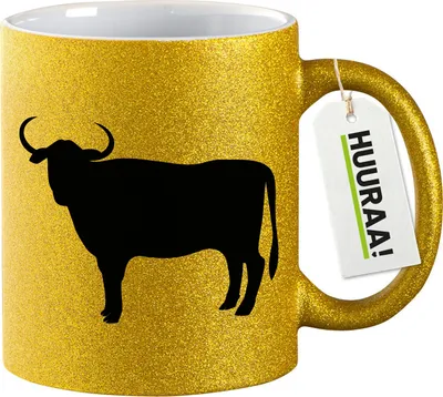 Produktbild von Huuraa Glitzertasse Stier Bulle Silhouette 330ml Gold Keramik Kaffeebecher Geschenkidee