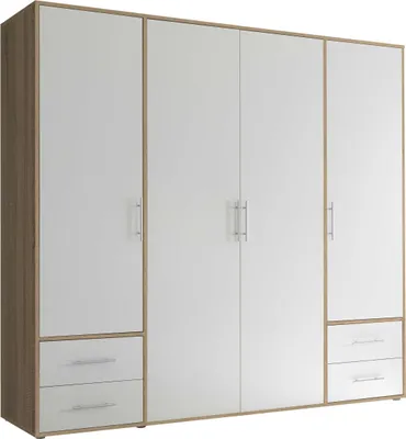 Produktbild von Kleiderschrank Valencia - 206x60x195cm - 4 Türen und 4 Schubladen - weiß/Eiche Nachbildung