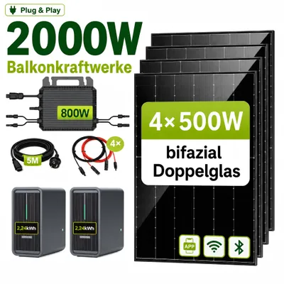 Produktbild von Balkonkraftwerk 2000W mit 4,48kWh Speicher, Marstek B2500-D, 4x500Wp bifaziale Solarmodule, 800W Mikrowechselrichter, 5m Anschlusskabel, Komplettset
