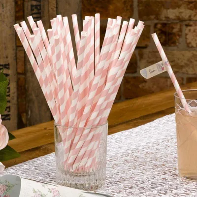 Produktbild von Rosa gestreifte Papierstrohhalme, 25 Stück