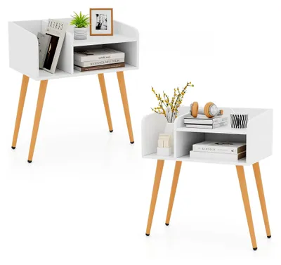 Produktbild von Nachttisch 2er Set, Beistelltisch mit 3 offenen Ablagefächern, Nachtschrank mit 4 Metallbeinen, Nachtkommode, Sofatisch für Wohnzimmer, Schlafzimmer, kleine Räume, 50 x 32 x 58 cm, Weiß