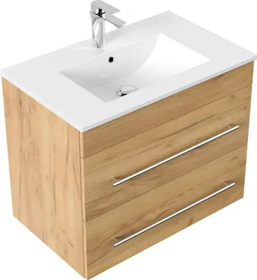 Produktbild von Waschplatz 75,5cm, Waschtisch Artemis, Eiche goldfarbig, Unterschrank mit Keramikbecken