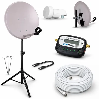 Produktbild von Camping SAT Anlage mit SAT-FINDER und STATIV – 40cm SAT-Spiegel inkl. Single LNB, 10m Koaxialkabel - Mobile Satellitenanlage für Camping, Wohnmobil & Caravan – Full HD Sat Schüssel für unterwegs