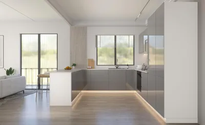 Produktbild von U-Form Küche – U-Küchenzeile – Küchenblock – Komplettküche – Velmora – KÜ10 -A – 300 × 279 × 200 cm– Grau Hochglanz Ohne Arbeitsplatte & Elektrogerä