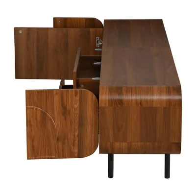 Produktbild von Merax TV-Schrank mit 3 Türen 2 Schubladen, TV Lowboard in Mid-Century Design, TV Board mit Metallbeinen und Kabeldurchlass, Nussbaum
