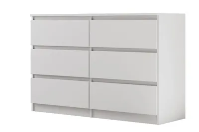 A white dresser with six drawers against a white background.
