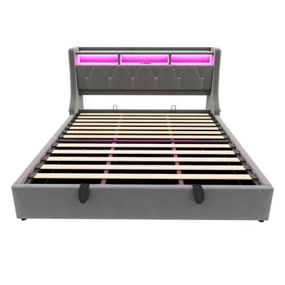 Produktbild von Flieks Hydraulisches Polsterbett 180x200cm mit Ladefunktion, Jugendbett Doppelbett mit Led,  Stauraumbett Holzbett mit Stauraumkopfteil, Samt, Grau