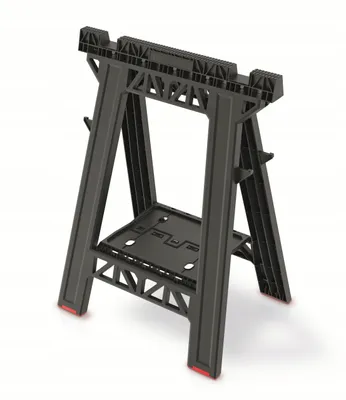 A black plastic sawhorse with red accents on a white background.