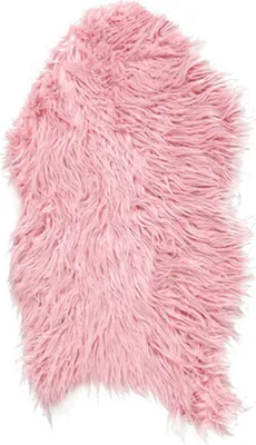 A pink faux fur rug is shown against a white background.