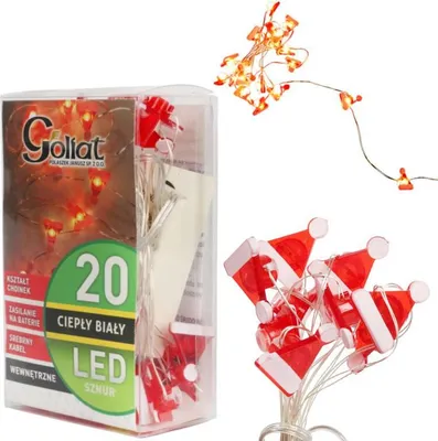 Zdjęcie produktu dla Lampki choinkowe na sznurze CZAPKI MIKOŁAJA 20 led na baterie