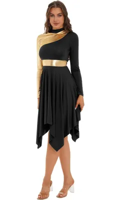 Productafbeelding van Damen dansjurk zwart goud metallic, maat S – Asymmetrische showjurk met split en lange mouwen – Danskostuum, podiumkostuum, carnaval, feest, carnaval, show