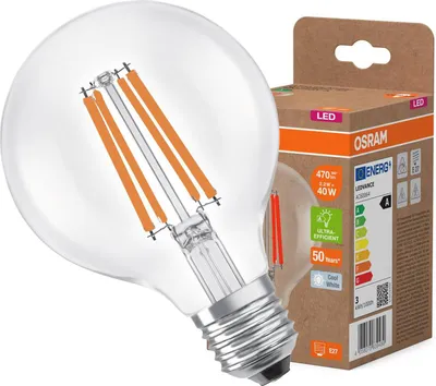 Obrázok produktu pre LED žiarovka OSRAM v klasickom guľovitom tvare, s dekoratívnym LED vláknom, energetická účinnosť triedy A, E27, 5 W, 1055 lm, 4000 K, studená biela. Žiadne zahrievanie, 100 % svetlo okamžite. Nízke blikanie.
