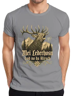 Productafbeelding van Mei Lederhosn heeft nog de Hirsch Bayern  lederen broek, alpine stijl, voor heren, T-shirt, grijs, maat XL