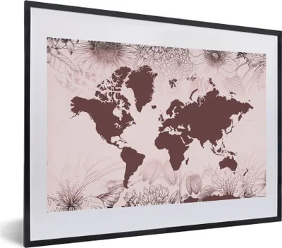 Produktbild von MuchoWow® MuchoWow® Gerahmtes Poster Weltkarte - Blumen - Lila 60x40 cm - Poster mit zchwarzem Bilderrahmen - Schlafzimmer - Plakat in Rahmen - Drucken