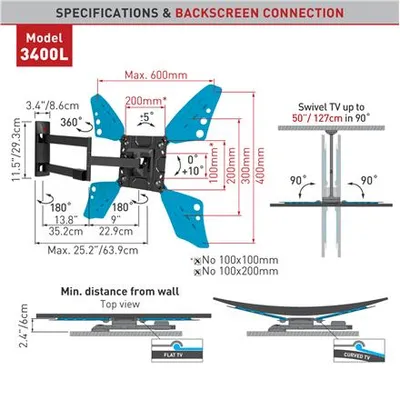 Diagrams and specifications for a TV wall mount.