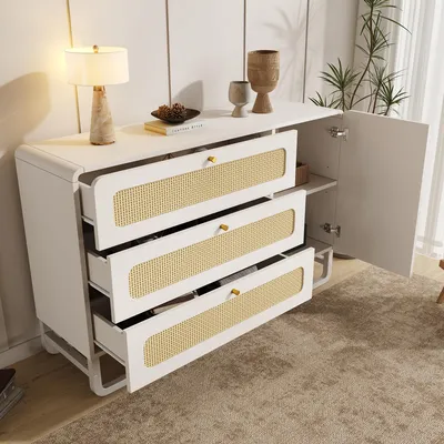 Image de OKWISH Commode 3 Tiroirs et Meuble de Rangement - Avec Portes et Étagères Réglables, Charnières Métalliques et Pieds Renforcés, Blanc