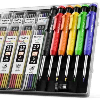 Produktbild von Tieflochmarker Bleistift Set, 6 Zimmermannsbleistifte mit 54 Minen, Bohrlochmarker, Tischler Bleistift mit Spitzer, Etui