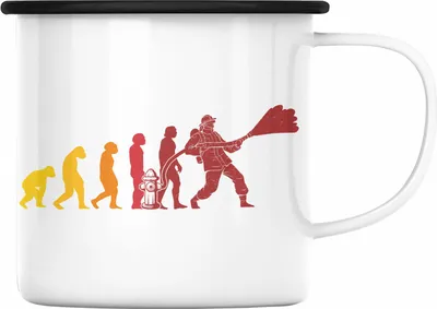 Produktbild von Trendation - Feuerwehr Geschenk Emaille Tasse Feuerwehrmann Vater Vatertag Spruch Evolution (Schwarz)
