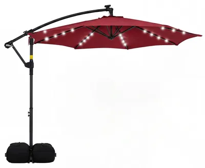 Produktbild von KOMFOTTEU 300 x 300 cm Sonnenschirm, Ampelschirm mit Ständer, LED-Leuchten, 360°-drehbar & Kurbel, Terrassenschirm belüftet, Marktschirm mit Sandsäcken für Garten, Balkon und Pool