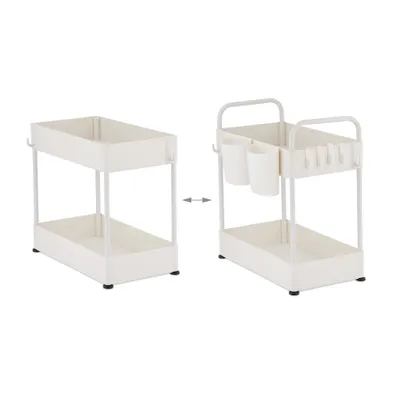 Produktbild von Relaxdays Unter Waschbecken Regal, 2 Etagen, 6 Haken & 2 Becher, höhenverstellbar, Putzmittel Organizer für Küche, weiß
