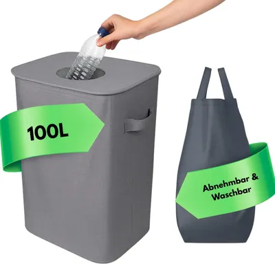 A hand is shown placing a plastic bottle into a grey fabric bin. A green banner with text is overlaid on the bin, and another green banner with text is overlaid on a separate grey fabric bag.