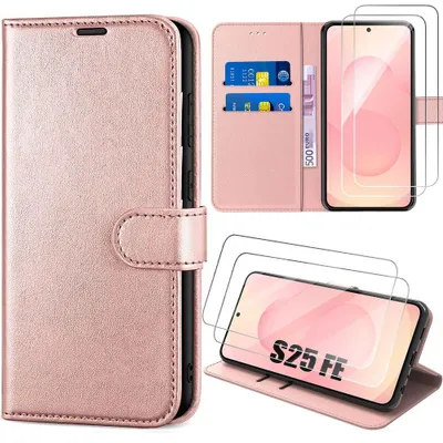 Image de Coque + 2 Verres Trempés pour Samsung Galaxy S25 FE, Protection Antichoc Anti-Rayures Synthécuir - Rose