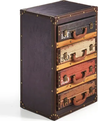 A tall, narrow chest of drawers designed to look like stacked vintage suitcases.