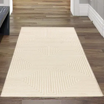 Produktbild von Moderner Kurzflorteppich Creme geometrisches Design mit Glanzstruktur für Wohnzimmer Schlafzimmer und Flur Größe - 80 x 150 cm