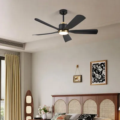 Image de Ventilateur de plafond ZELURXX avec LED, 132 cm (52 pouces), 5 pales, entièrement noir, en ABS, réversible, contrôlable via une application, intensité réglable, silencieux, économe en énergie, pour l'été et l'hiver
