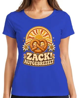 Produktbild von Zack! Aufgebrezelt Brezel Edelweiß Bayern Trachtenshirt Lederhose Damen T-Shirt, Blau, L
