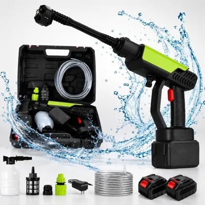 Produktbild von Akku Hochdruckreiniger, 45BAR Tragbarer Hochdruckreiniger mit 88VF 2x 1500mAh Akkus, 6-in-1 Düse, 5M Schlauch für Auto, Terrasse, Garten, Zaun, Pool