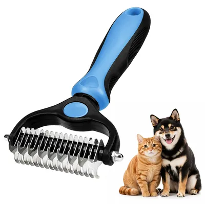 Produktbild von 2 Doppelseitige Katzenbürste 17+9 Zähne, Unterfellbürste Katze Hundebürste, Haarentfernungsbürste gegen Verfilzungen, Fellpflege für Kurzhaar Langhaar Katzen und Hunde (Blau)