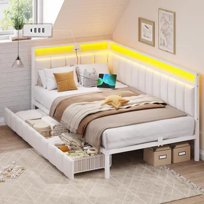 Productafbeelding van Slaapbank met LED-verlichting en USB-oplaadstation, 90x190 cm, wit. Jugendbed met 2 lades, metalen frame