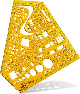 A yellow drafting template with various geometric shapes, letters, and numbers cut out.