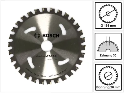 Produktbild von Bosch Kreissägeblatt Standard for Steel 136 x 20 x 1,6 mm 30 Zähne ( 2608644225 )
