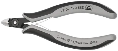Zdjęcie produktu dla KNIPEX 79 02 120 ESD Precyzyjne szczypce tnące boczne dla elektroników ESD z uchwytami wielokomponentowymi, czernione 120 mm