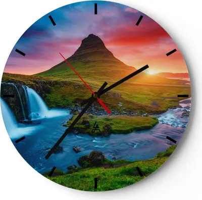 Produktbild von Wanduhr - Rund - Glasuhr - Sonnenuntergang Wasserfall Island Vulkan - 30x30cm - Schleichendes Uhrwerk - Lautlos - zum Aufhängen bereit - Dekoration Modern - Wanddekoration aus Glas - C3AR30x30-2963