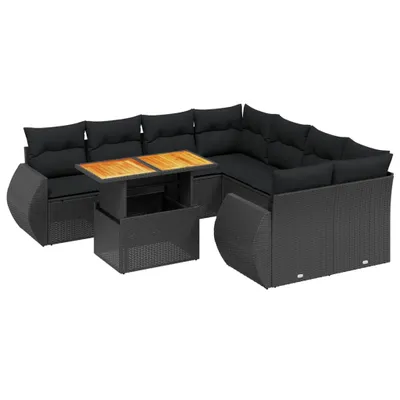 Produktbild von 9-tlg. Garten-Sofagarnitur mit Kissen Schwarz Poly Rattan