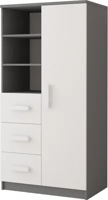 A studio shot of a children's bookshelf with drawers and a door.