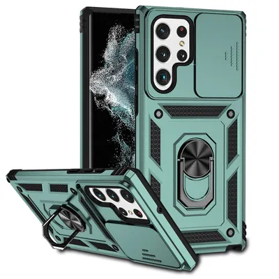 Immagine prodotto di Custodia per Samsung Galaxy S23 Ultra a doppio strato con copertura scorrevole della fotocamera e supporto ad anello verde