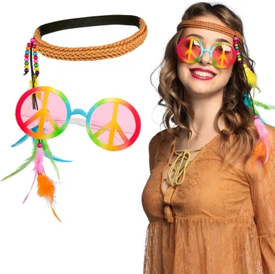 Produktbild von Hippie Set für Erwachsene Haarband Brille bunt - Einheitsgröße