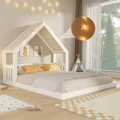 Produktbild von Hausbett 140 x 200 cm mit Stoffdach und Lichterkette, Bettgestell in Hausform aus Kiefernholz und MDF, für Kinder- und Jugendzimmer, Weiß