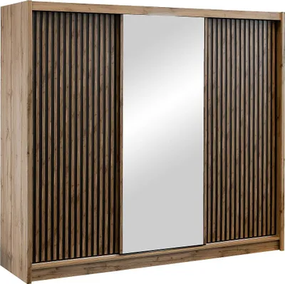 Produktbild von 3-türiger Schiebeschrank - Mit Spiegel - 250 cm breit - Natur und schwarz - CALOWI